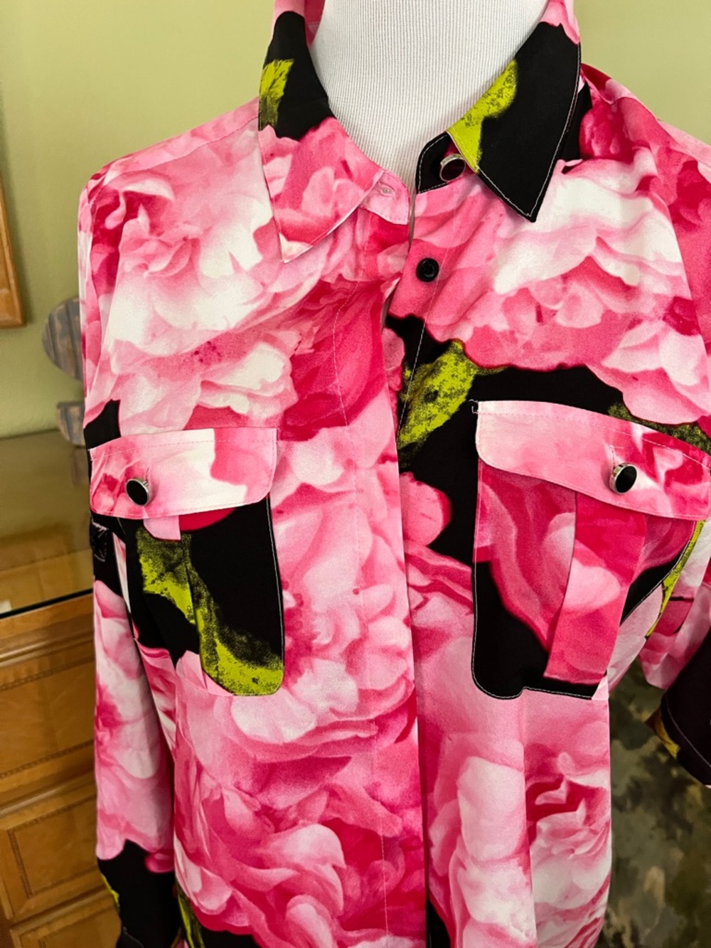 Karl Lagerfeld Pink Floral Button-Down Shirt with Black & Green Accents..NWOT